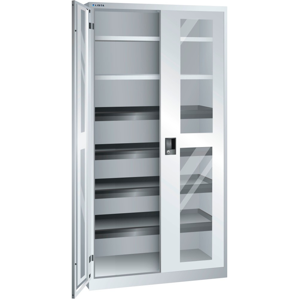 Illustration du produit: Armoire à portes battantes LISTA avec vitres transparentes, (lxPxH) 1 000x580x1 950 mm, 4 étagères coulissantes, 2 étagères réglables, gris clair, KEY Lock