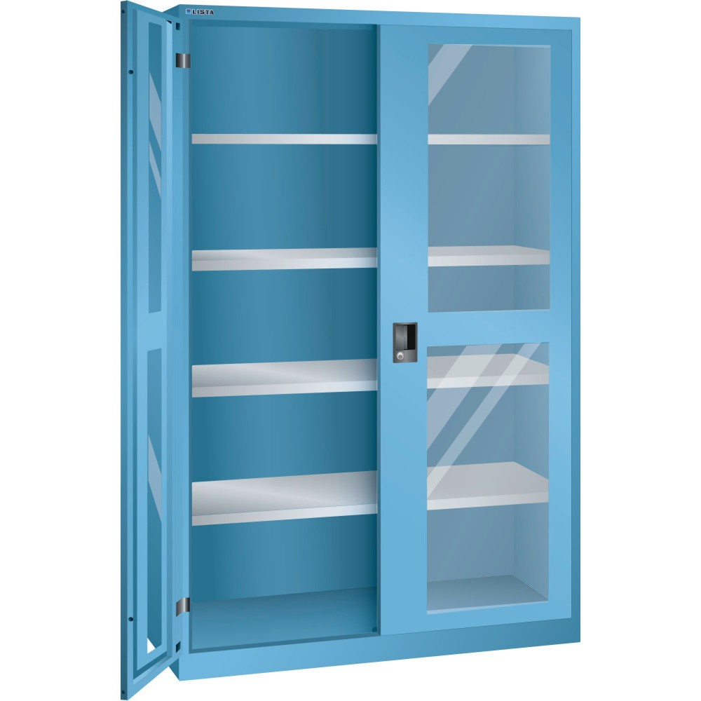Illustration du produit: Armoire à portes battantes LISTA avec vitres transparentes, (lxPxH) 1 250x580x1 950 mm, 4 étagères réglables, bleu clair, KEY Lock