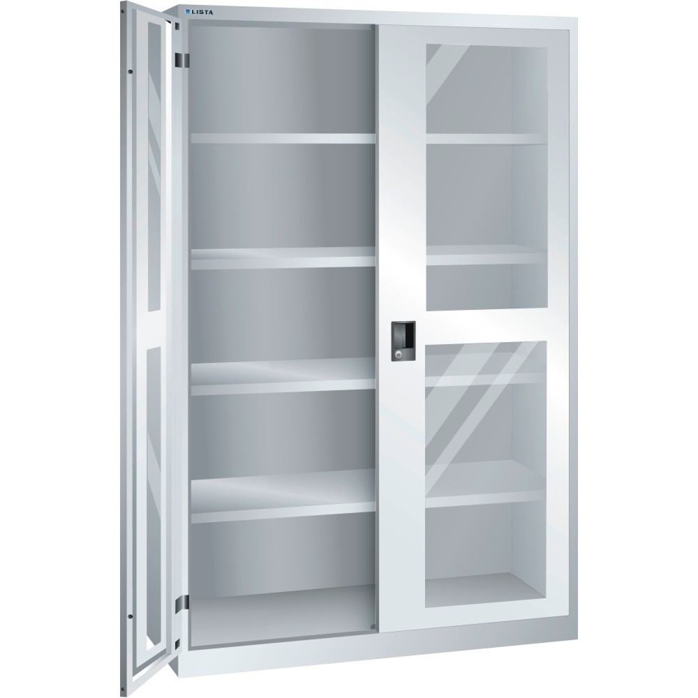 Illustration du produit: Armoire à portes battantes LISTA avec vitres transparentes, (lxPxH) 1 250x580x1 950 mm, 4 étagères réglables, gris clair, KEY Lock