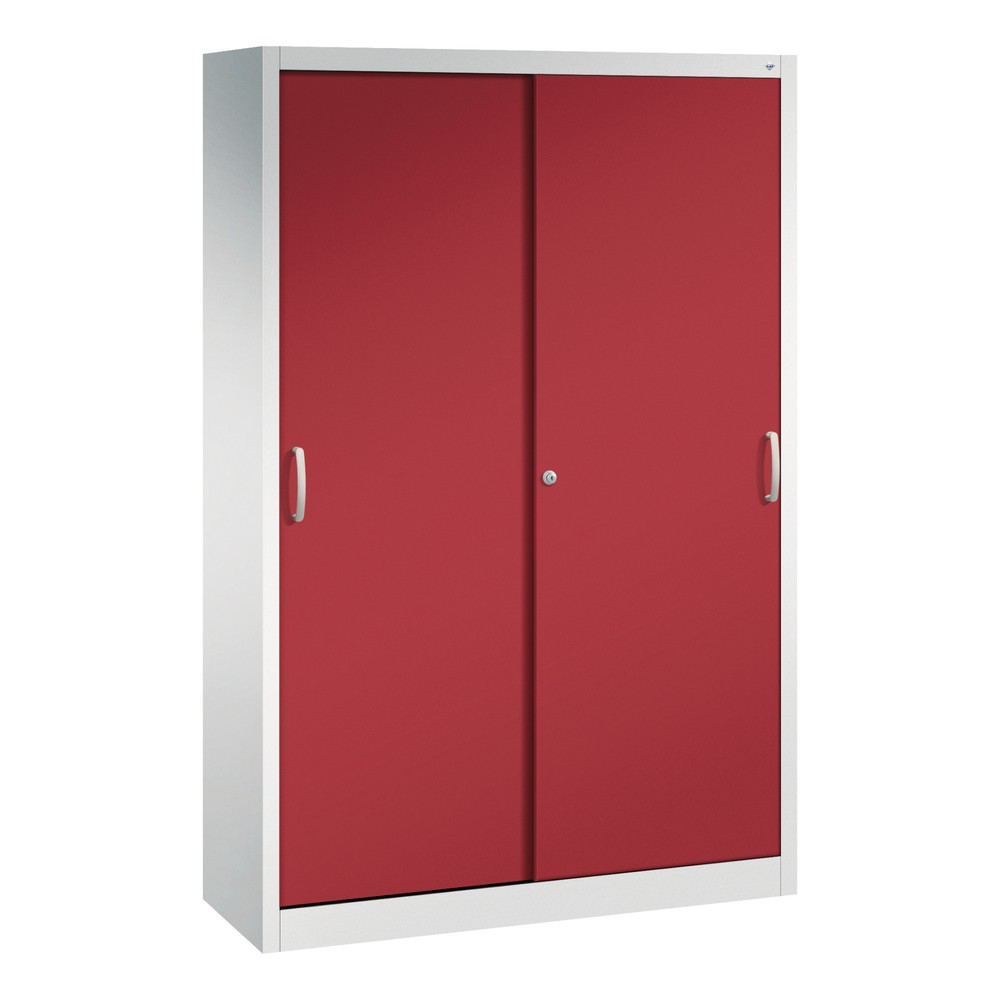 Illustration du produit: Armoire à portes coulissantes d’atelier C+P avec 4 tablettes, H x l x P 1 950 x 1 200 x 400 mm, gris clair, rouge rubis