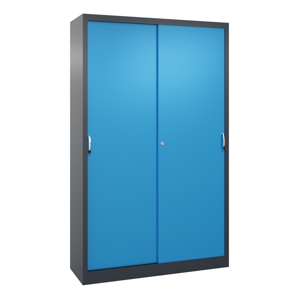 Illustration du produit: Armoire à portes coulissantes d’atelier C+P avec 4 tablettes, H x l x P 1 950 x 1 200 x 400 mm, gris anthracite, bleu clair