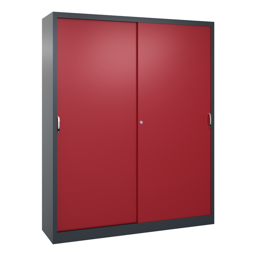 Illustration du produit: Armoire à portes coulissantes d’atelier C+P avec 8 tablettes, H x l x P 1 950 x 1 600 x 400 mm, cloison de séparation, gris anthracite, rouge rubis