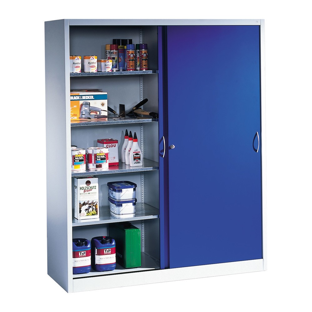 N° de l'image du produit 4 : Armoire à portes coulissantes d’atelier C+P avec 8 tablettes, H x l x P 1 950 x 1 600 x 500 mm, cloison de séparation, gris clair, bleu gentiane