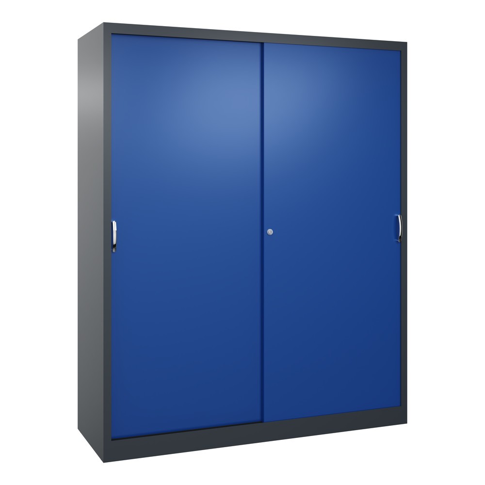 Illustration du produit: Armoire à portes coulissantes d’atelier C+P avec 8 tablettes, H x l x P 1 950 x 1 600 x 500 mm, cloison de séparation, gris anthracite, bleu gentiane
