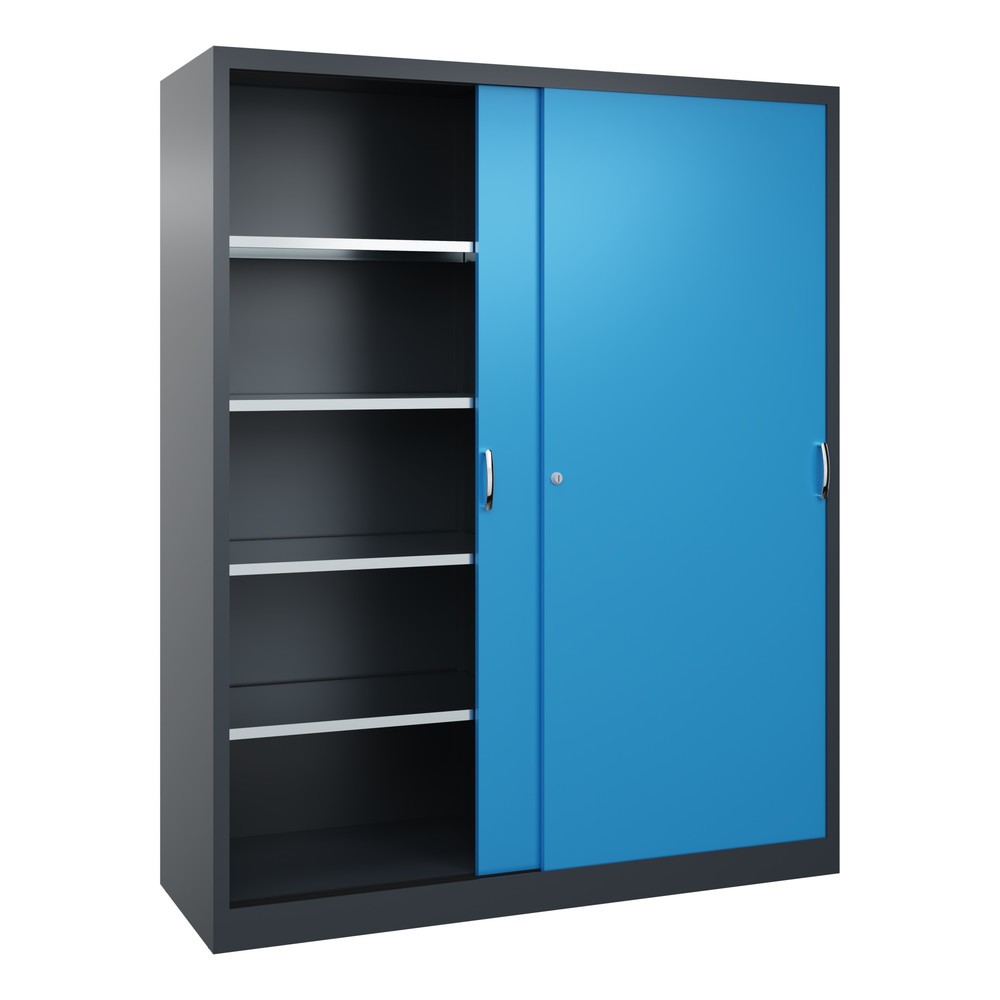 N° de l'image du produit 3 : Armoire à portes coulissantes d’atelier C+P avec 8 tablettes, H x l x P 1 950 x 1 600 x 500 mm, cloison de séparation, gris anthracite, bleu clair