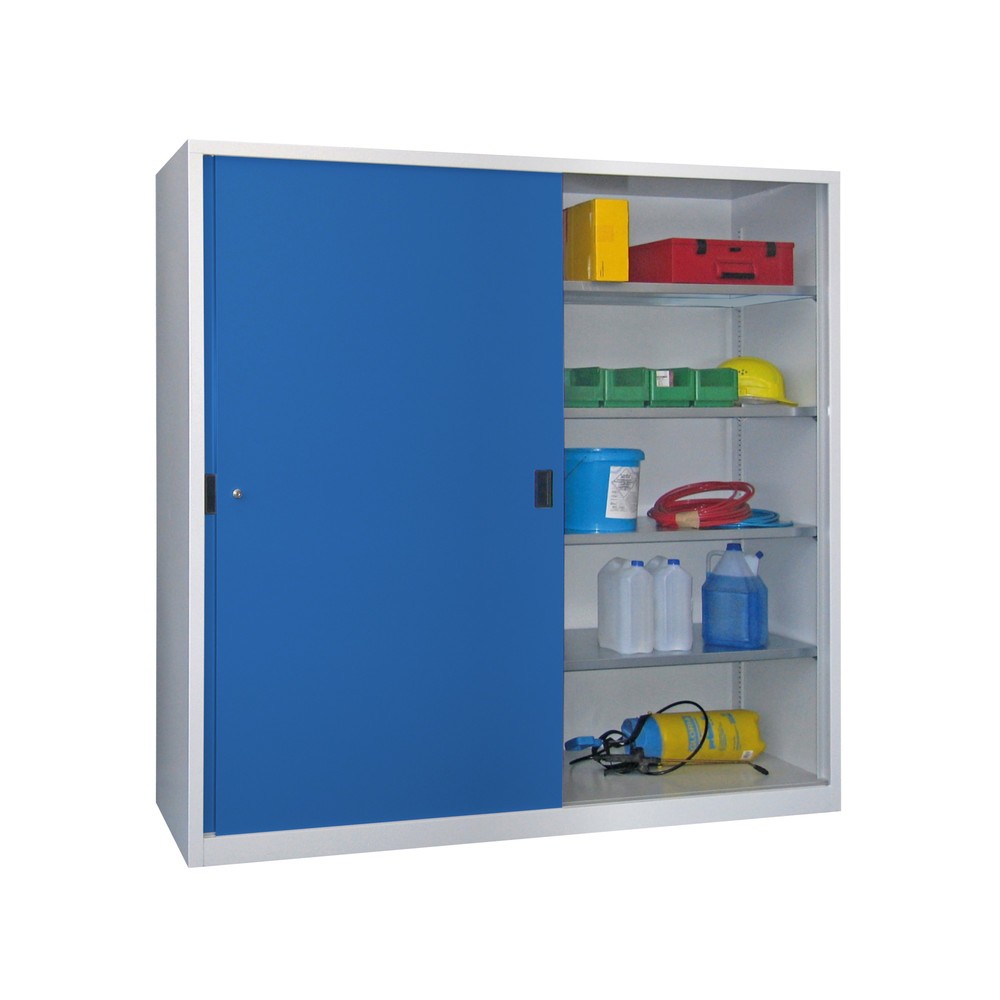 Produktabbildung Nr. 1: Armoire à portes coulissantes PAVOY avec 8 tablettes + cloison de séparation, HxlxP 1 950 x 2 000 x 400 mm, bleu clair, gris clair