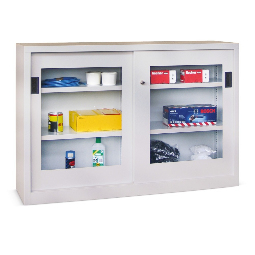 Illustration du produit: Armoire à portes coulissantes PAVOY avec regards + 2 tablettes, H x l x P 1 000 x 1 000 x 400 mm, gris clair, gris clair