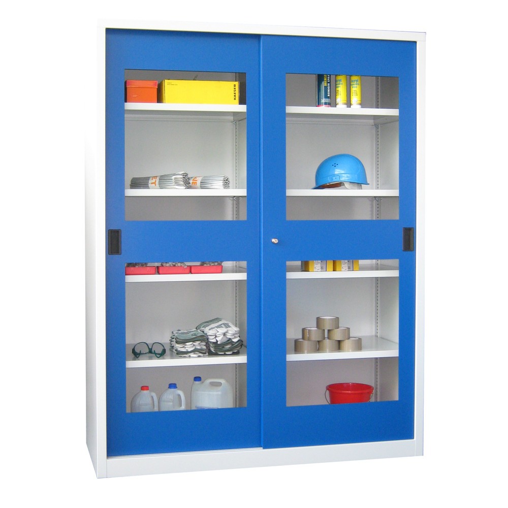 Produktabbildung Nr. 2: Armoire à portes coulissantes PAVOY avec regards + 8 tablettes + cloison de séparation, H x l x P 1 950 x 1 500 x 400 mm, bleu ciel, gris clair