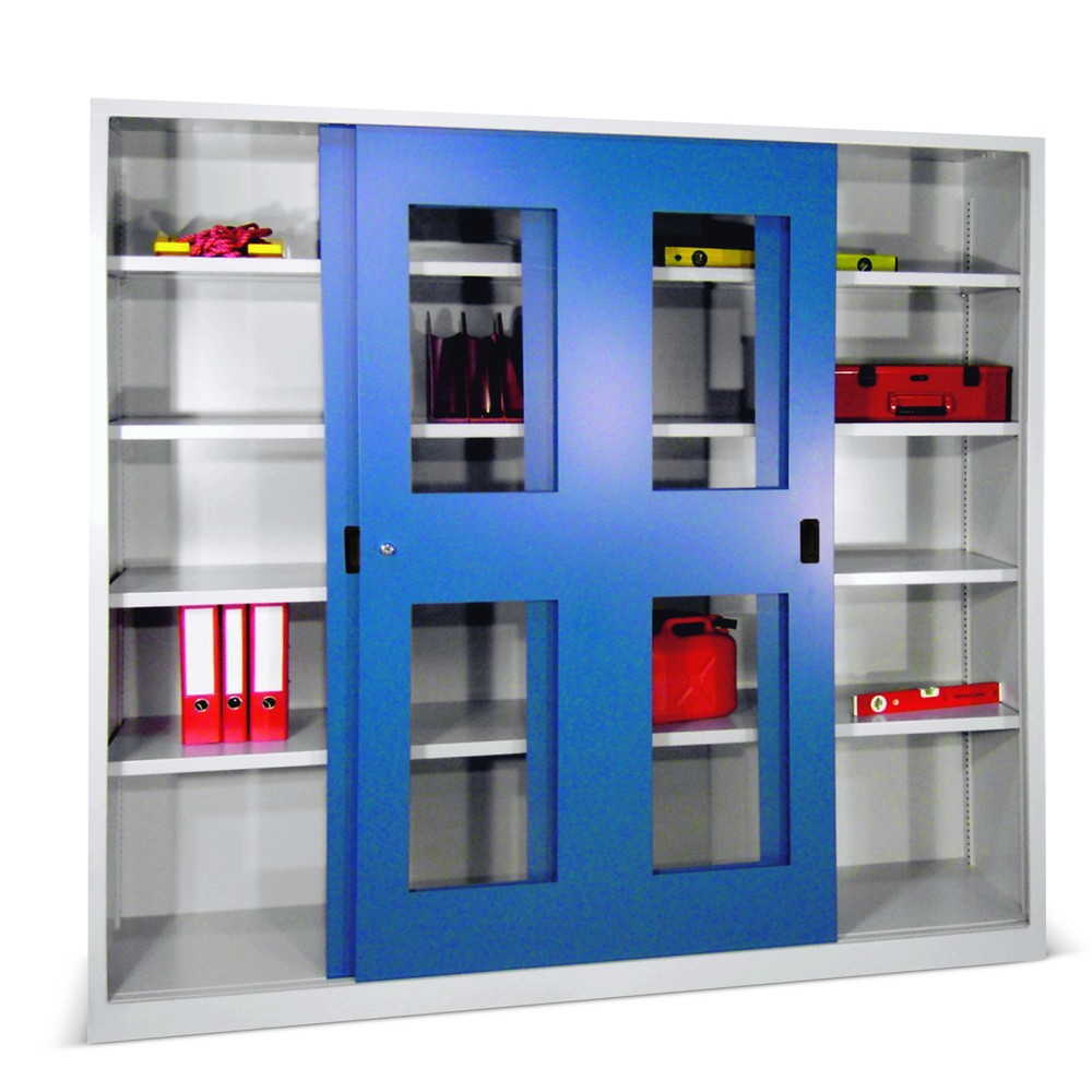 Illustration du produit: Armoire à portes coulissantes PAVOY avec regards + 8 tablettes + cloison de séparation, H x l x P 1 950 x 2 000 x 600 mm, bleu gentiane, gris clair