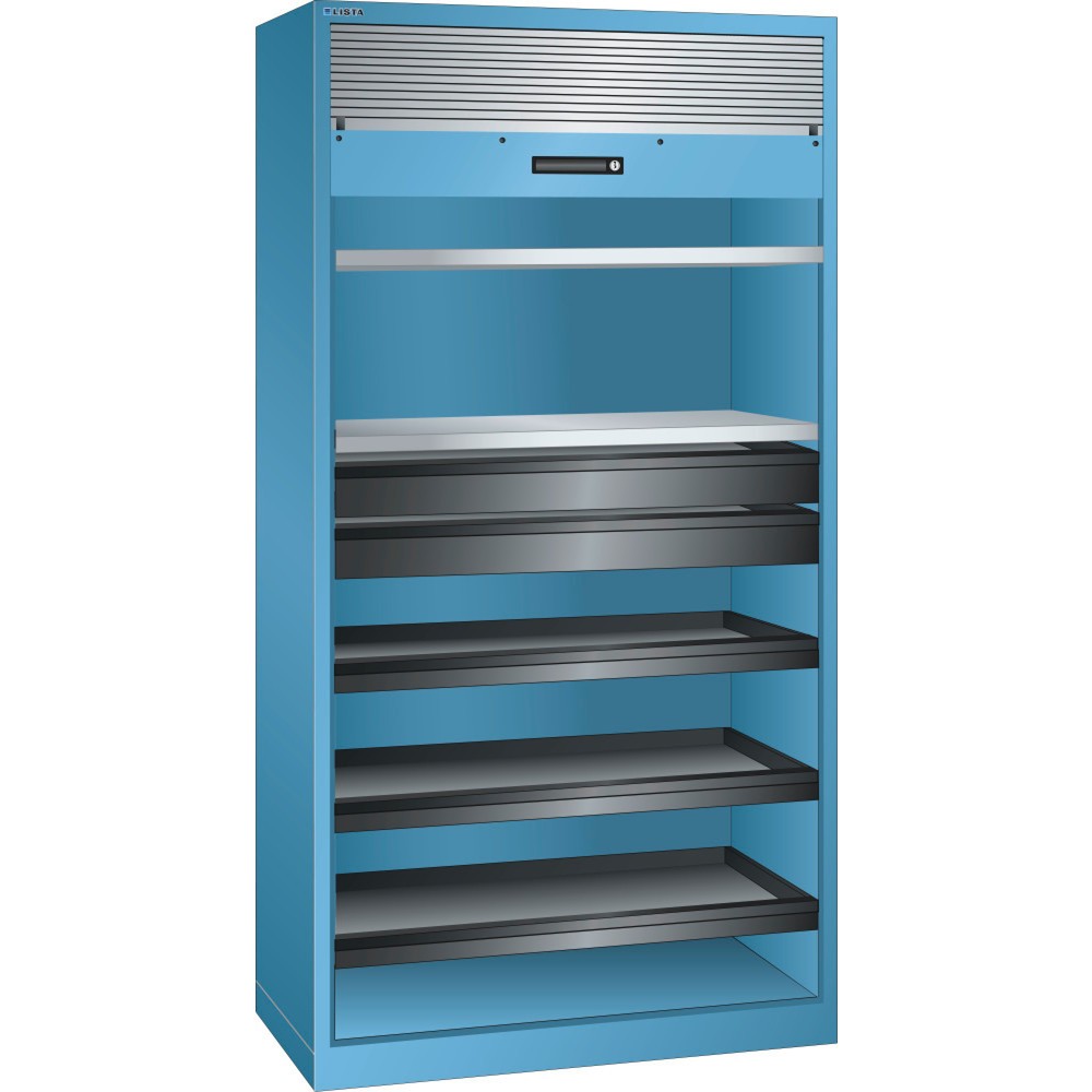 Illustration du produit: Armoire à rideaux LISTA, (lxPxH) 1 000x580x1 950 mm, 3 étagères coulissantes, 2 étagères réglables, bleu clair