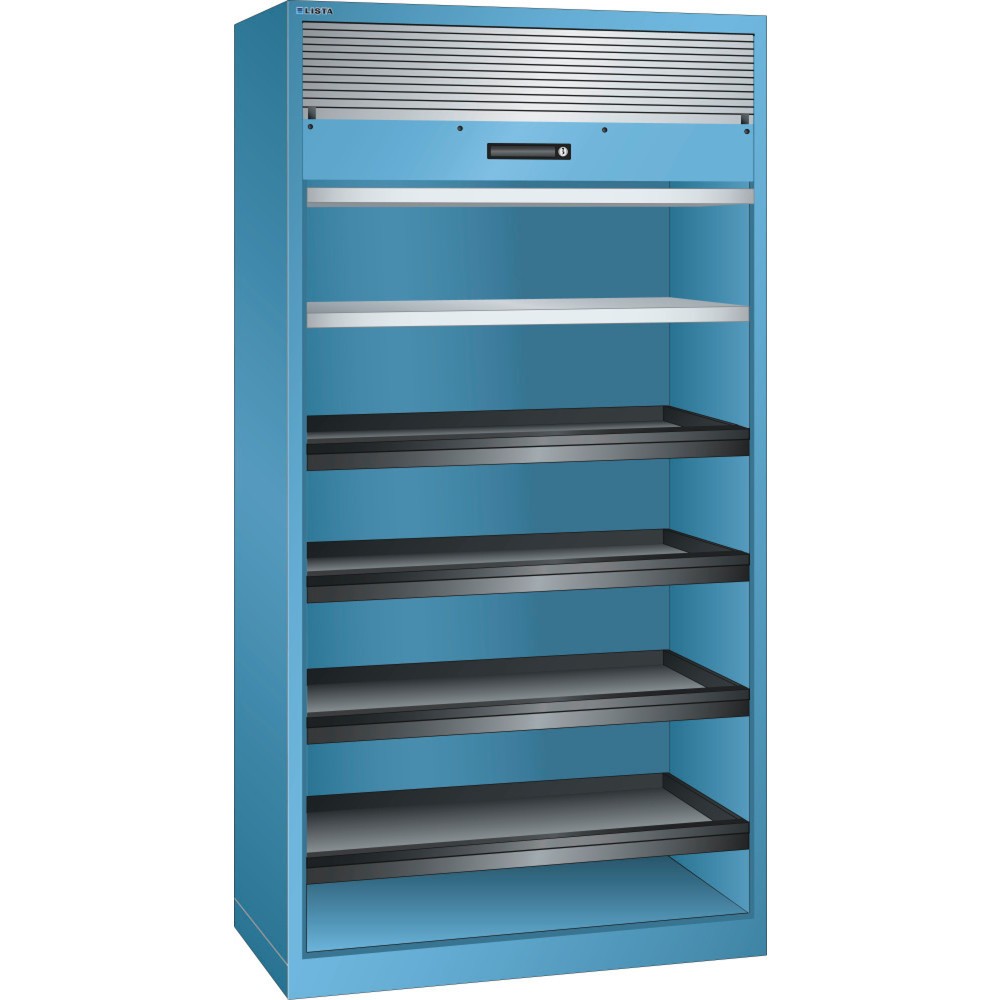 Illustration du produit: Armoire à rideaux LISTA, (lxPxH) 1 000x580x1 950 mm, 4 étagères coulissantes, 2 étagères réglables, bleu clair