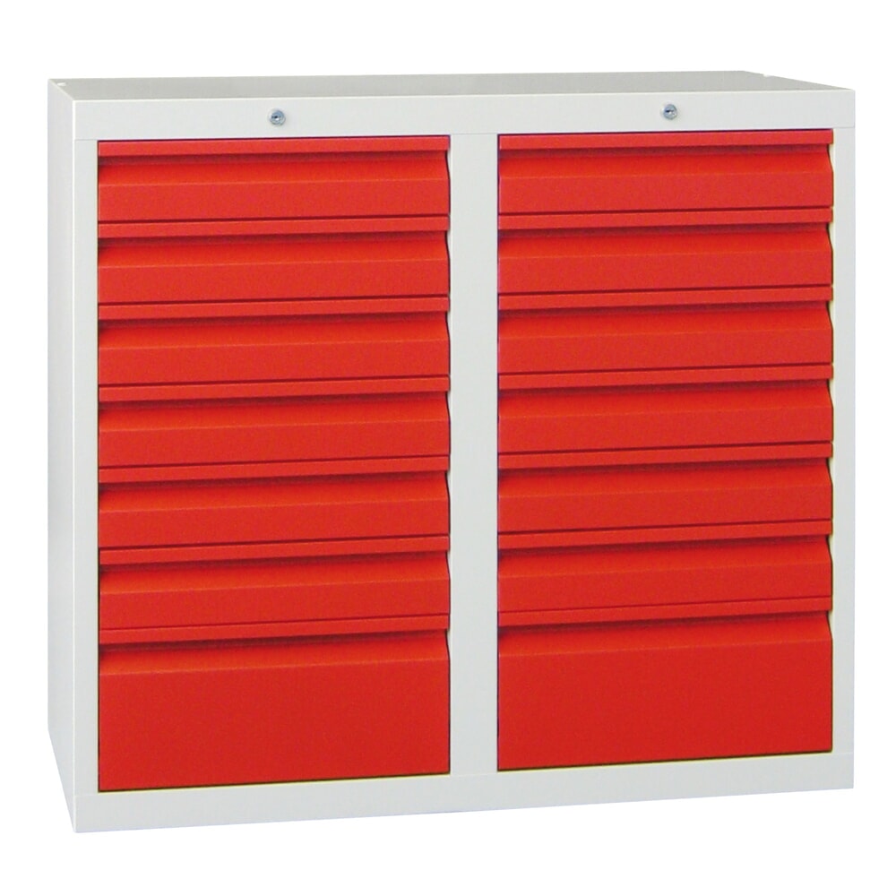 Illustration du produit: Armoire à tiroirs légère PAVOY, guidage à coulissement, tiroirs 12 x 100 mm + 2 x 200 mm, largeur 1 000 mm, rouge feu, gris clair