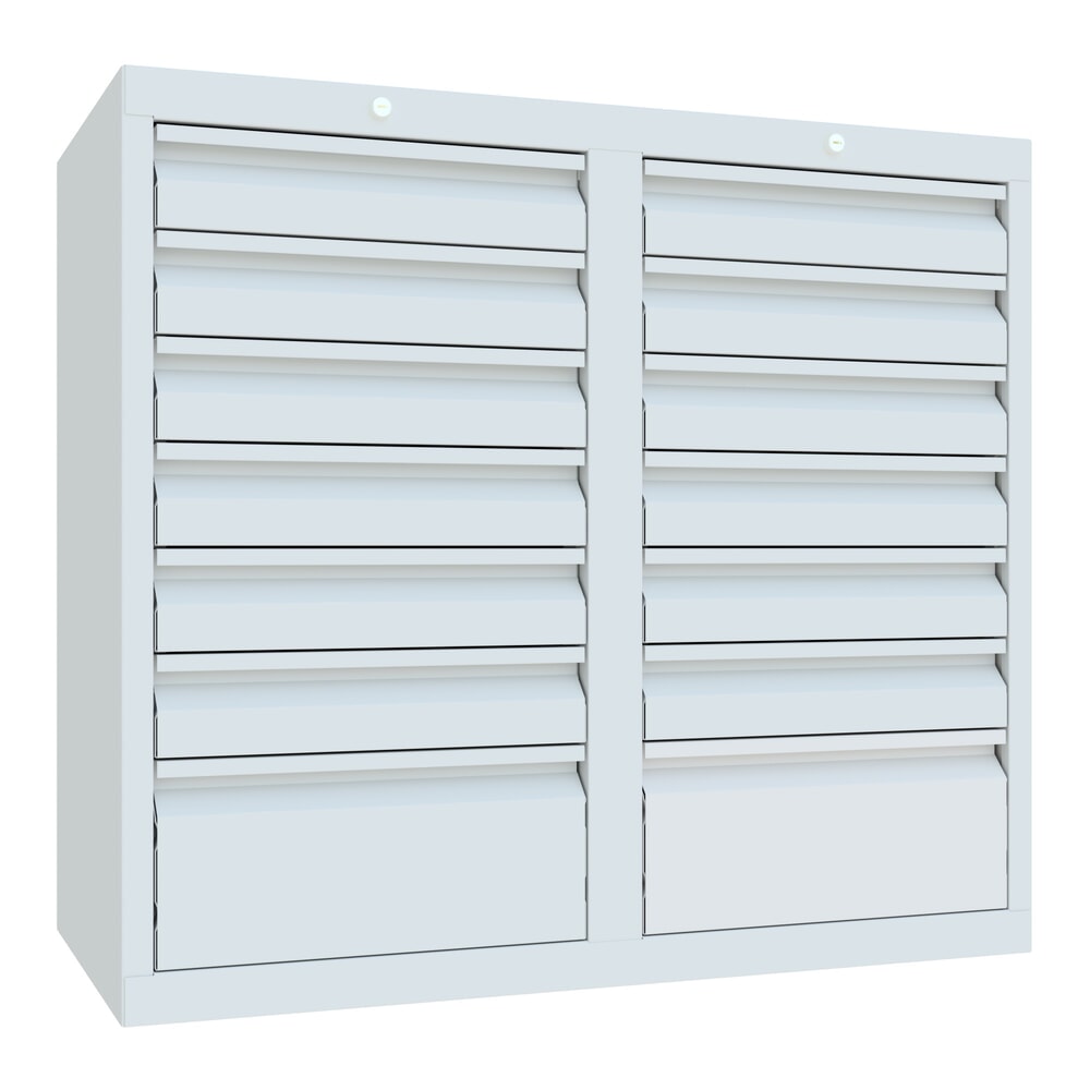 Illustration du produit: Armoire à tiroirs légère PAVOY, guidage à coulissement, tiroirs 12 x 100 mm + 2 x 200 mm, largeur 1 000 mm, gris clair, gris clair