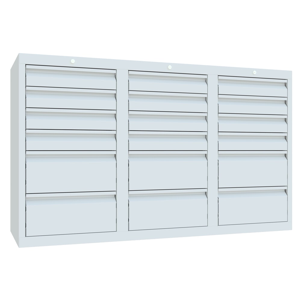Illustration du produit: Armoire à tiroirs légère PAVOY, guidage à coulissement, tiroirs 12 x 100 mm + 6 x 200 mm, largeur 1 500 m, gris clair, gris clair