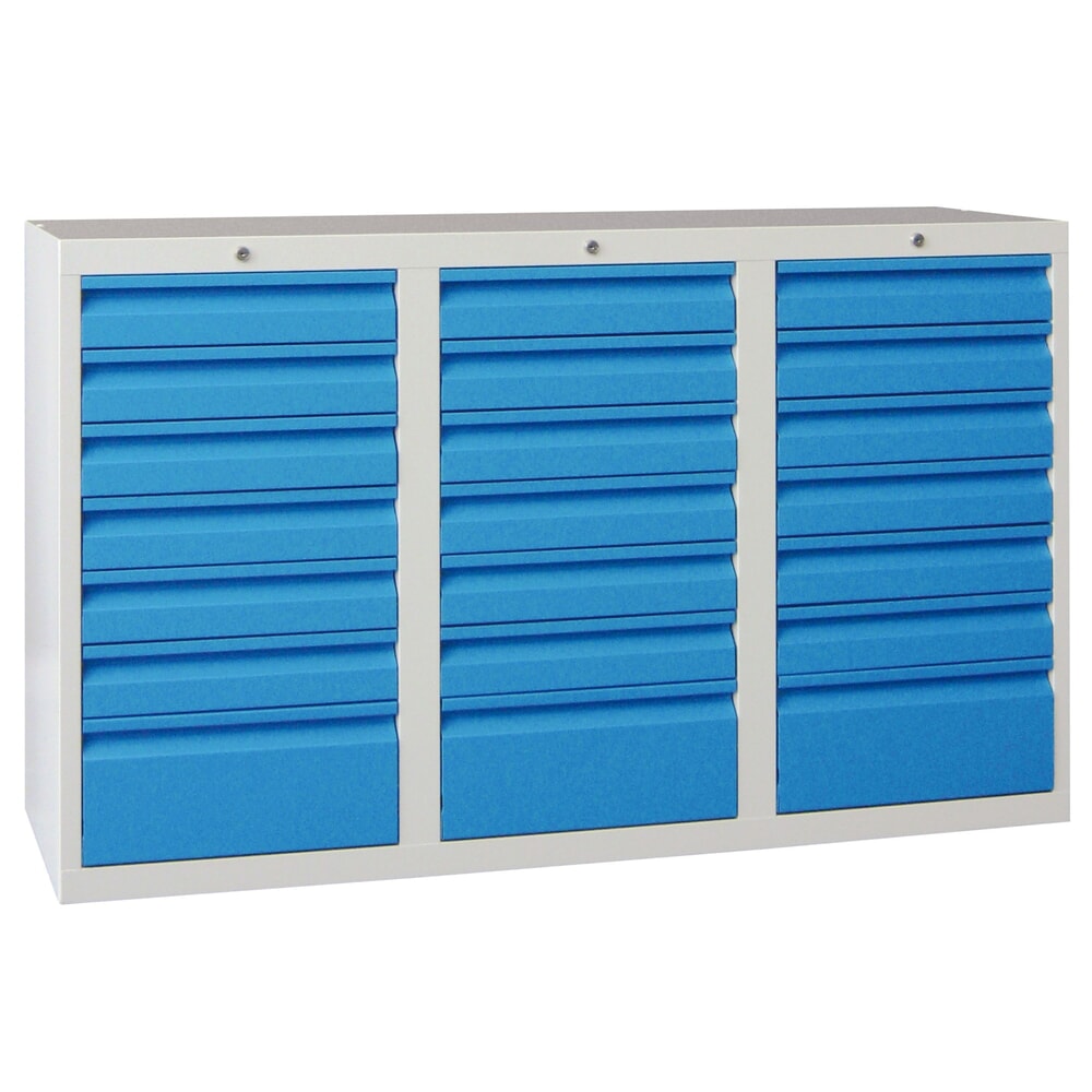 Illustration du produit: Armoire à tiroirs légère PAVOY, guidage à coulissement, tiroirs 18 x 100 mm + 3 x 200 mm, largeur 1 500 mm, bleu ciel, gris clair