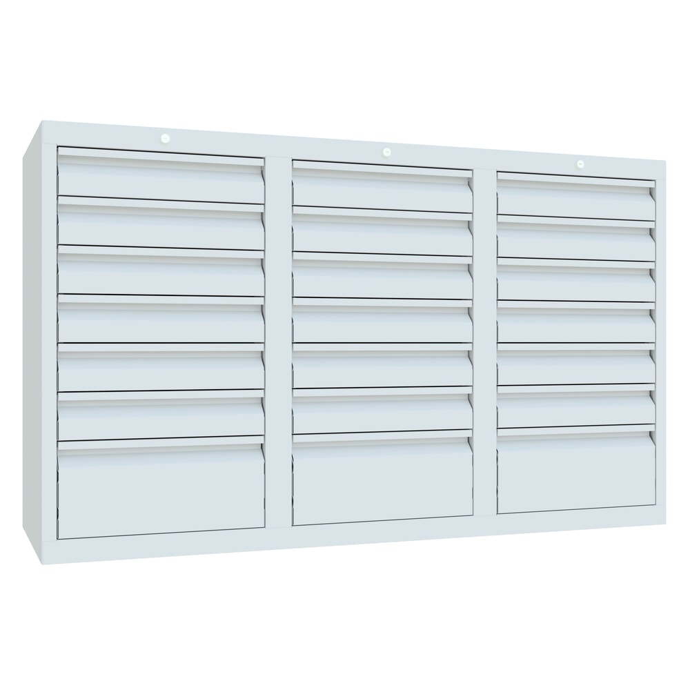 Illustration du produit: Armoire à tiroirs légère PAVOY, guidage à coulissement, tiroirs 18 x 100 mm + 3 x 200 mm, largeur 1 500 mm, gris clair, gris clair