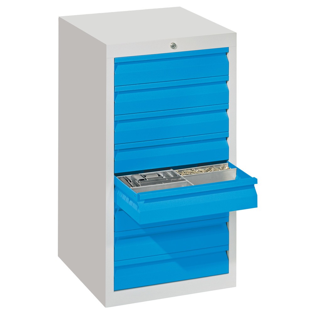 Illustration du produit: Armoire à tiroirs légère PAVOY, guidage à galets, tiroirs 8 x 100 mm, largeur 500 mm, bleu gentiane, gris clair