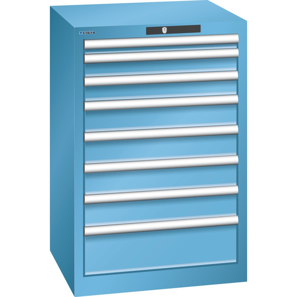 Illustration du produit: Armoire à tiroirs LISTA 27x27E, (lxPxH) 564x572x850 mm, 8 tiroirs, hauteurs de façade 50-150 mm, bleu clair, KEY Lock
