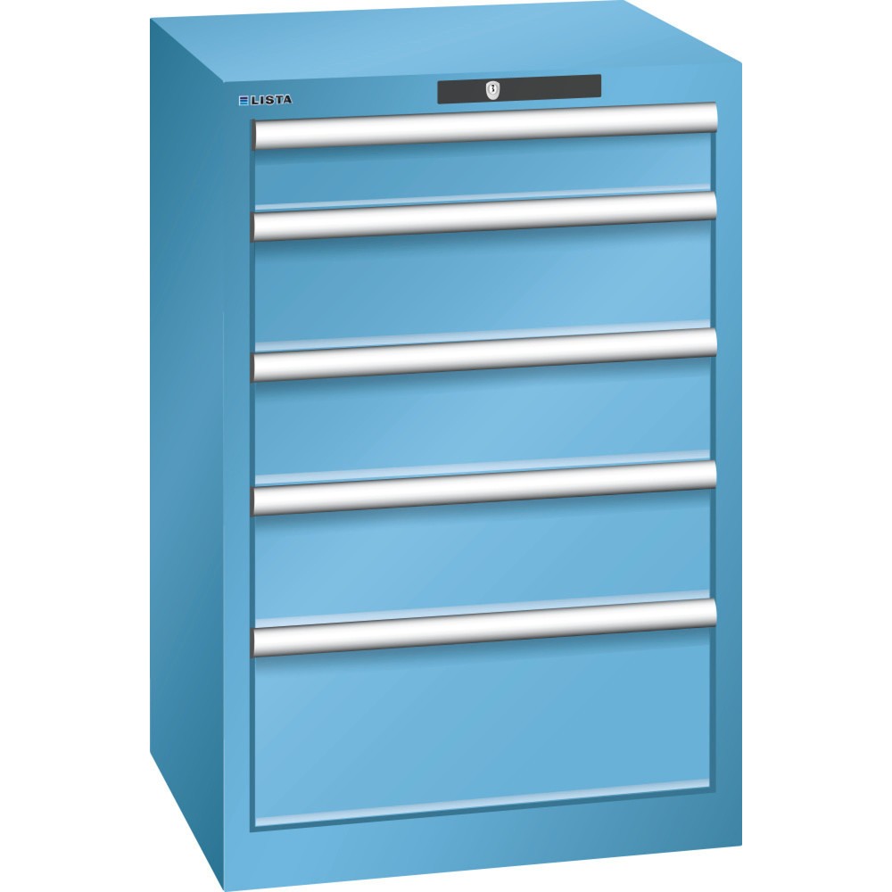 Illustration du produit: Armoire à tiroirs LISTA 27 x 27E, (lxPxH) 564x572x850 mm, 5 tiroirs, 1 x 100 / 3 x 150 / 1 x 200, bleu clair, KEY Lock