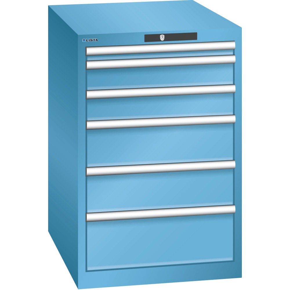 Illustration du produit: Armoire à tiroirs LISTA 27x36E, (lxPxH) 564x725x850 mm, 6 tiroirs, hauteurs de façade 50-200 mm, bleu clair, KEY Lock