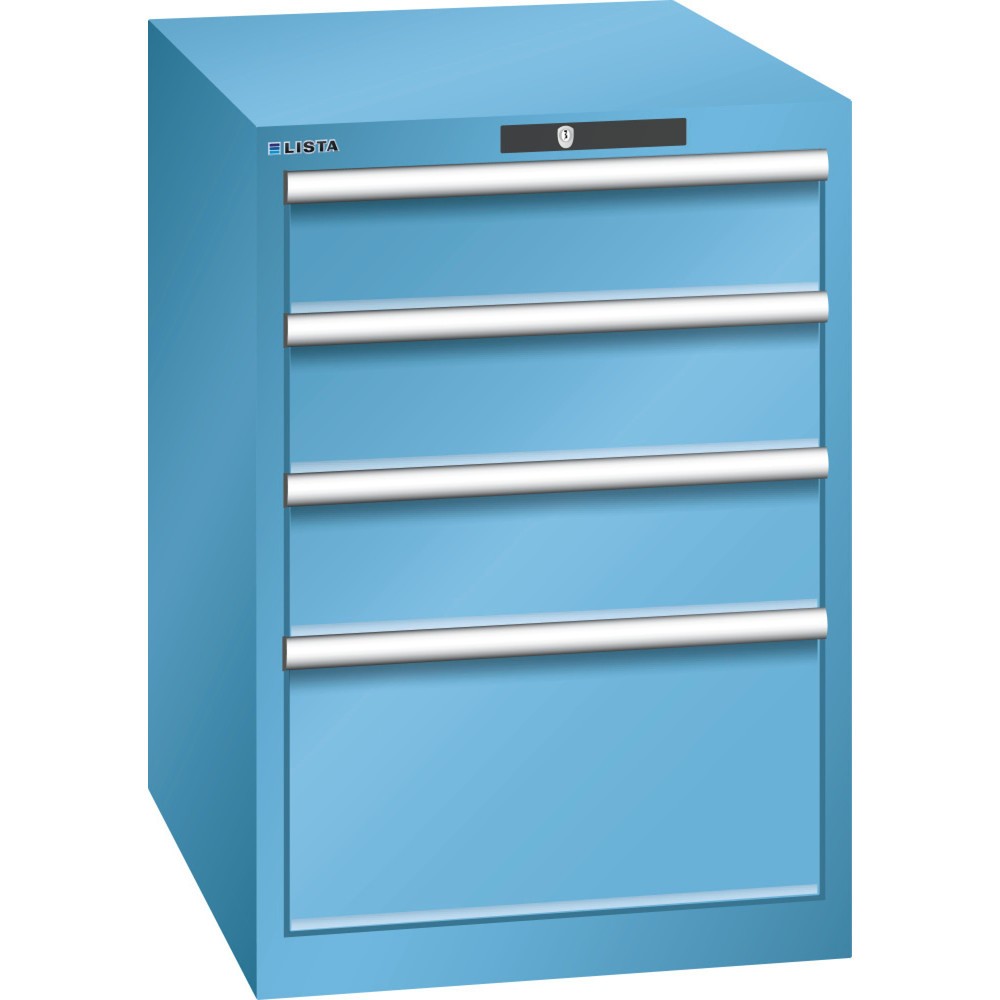 Illustration du produit: Armoire à tiroirs LISTA 27x36E, (lxPxH) 564x725x850 mm, 4 tiroirs, 3 x 150 / 1 x 300, bleu clair, KEY Lock