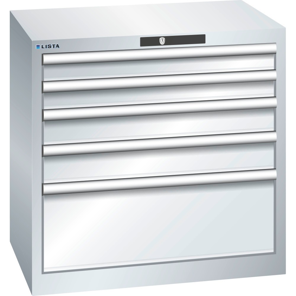 Illustration du produit: Armoire à tiroirs LISTA 36x27E, (lxPxH) 717x572x700 mm, 5 tiroirs, 2 x 75 / 2 x 100 / 1 x 250, gris clair, CODE Lock