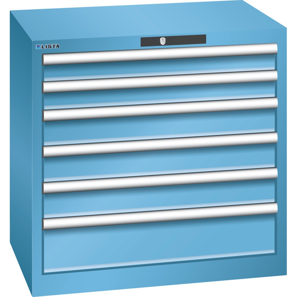 Illustration du produit: Armoire à tiroirs LISTA 36x27E, (lxPxH) 717x572x700 mm, 6 tiroirs, 2 x 75 / 3 x 100 / 1 x 150, bleu clair, CODE Lock