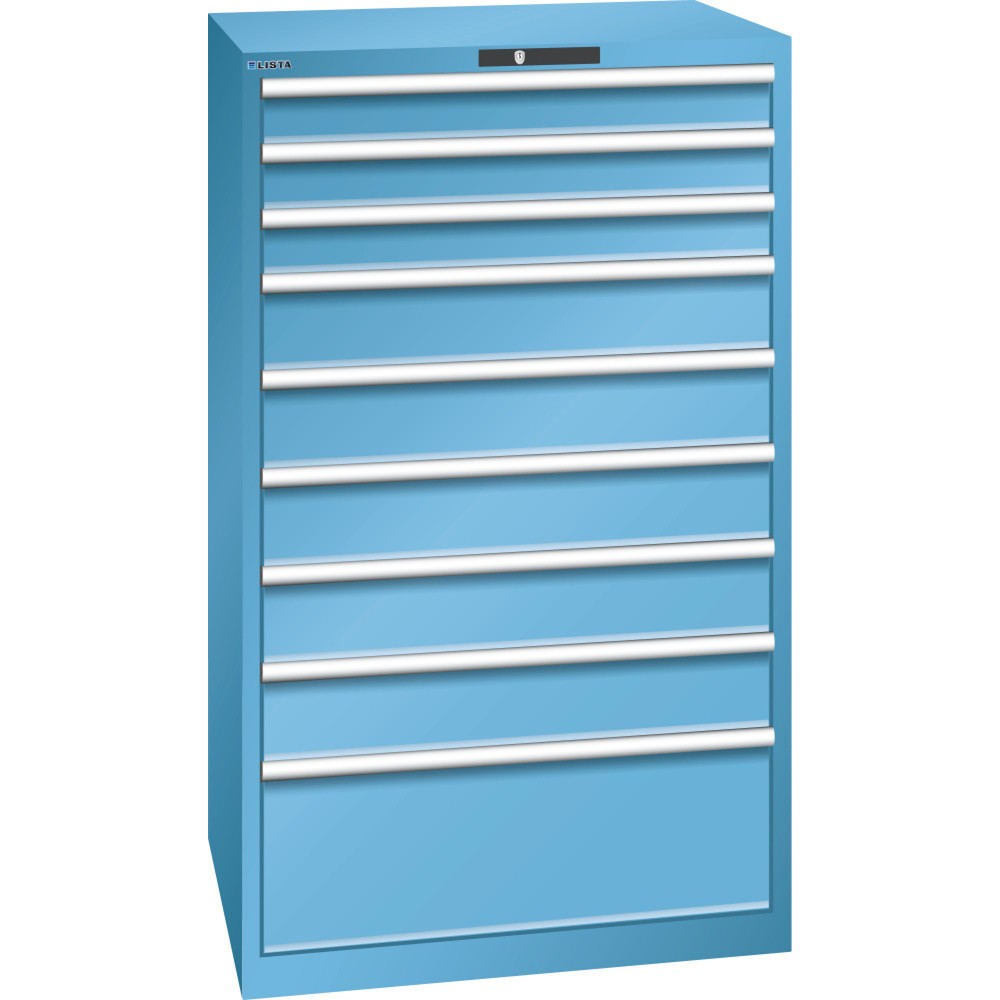 Illustration du produit: Armoire à tiroirs LISTA 45x36E, (lxPxH) 870x725x1 450 mm, 9 tiroirs capacité de charge 200 kg, bleu clair, KEY Lock