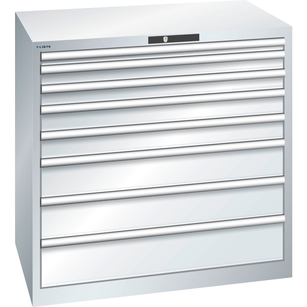 Illustration du produit: Armoire à tiroirs LISTA 54x36E, (LxPxH) 1 023x725x1 000 mm, 8 tiroirs capacité de charge 200 kg, gris clair, KEY Lock