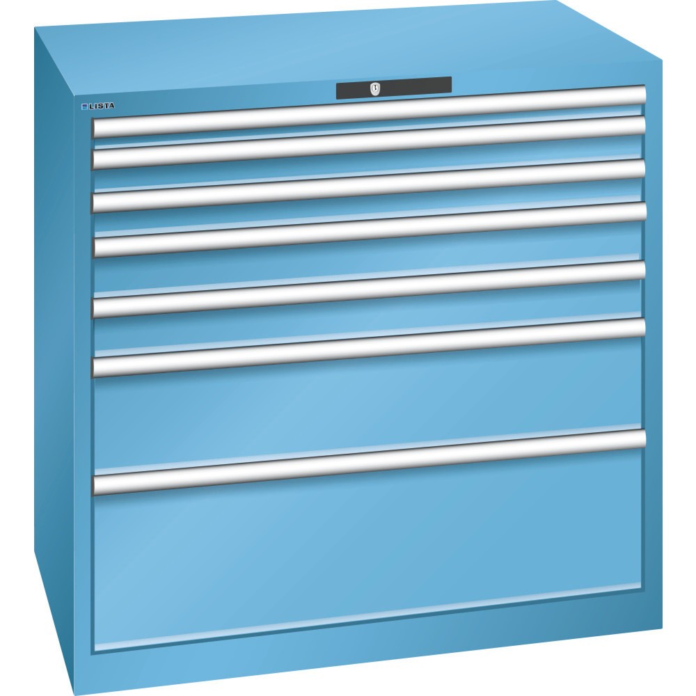 Illustration du produit: Armoire à tiroirs LISTA 54x36E, (lxPxH) 1 023x725x1 000 mm, 7 tiroirs, hauteurs de façade 50-300 mm, bleu clair, CODE Lock