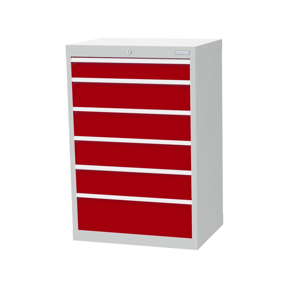 Illustration du produit: Armoire à tiroirs Profi, tiroirs de 1 x 100 + 4 x 150 + 1 x 200 mm, H x l x P 1 019 x 680 x 500 mm Bedrunka+Hirth, gris clair, rouge rubis