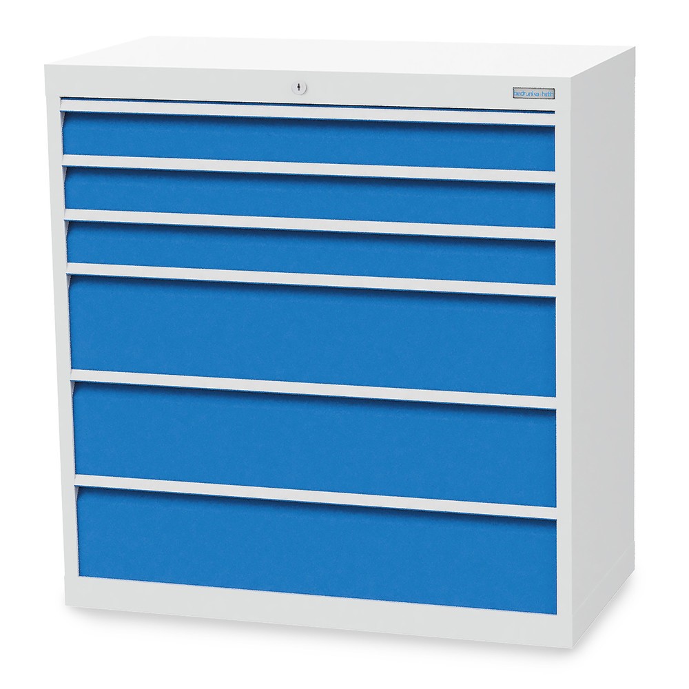 Illustration du produit: Armoire à tiroirs R 36-16 Bedrunka+Hirth, H x l x P 1 019 x 980 x 500 mm, gris clair, bleu clair, 6 tiroirs 3 x 100 + 3 x 200 mm