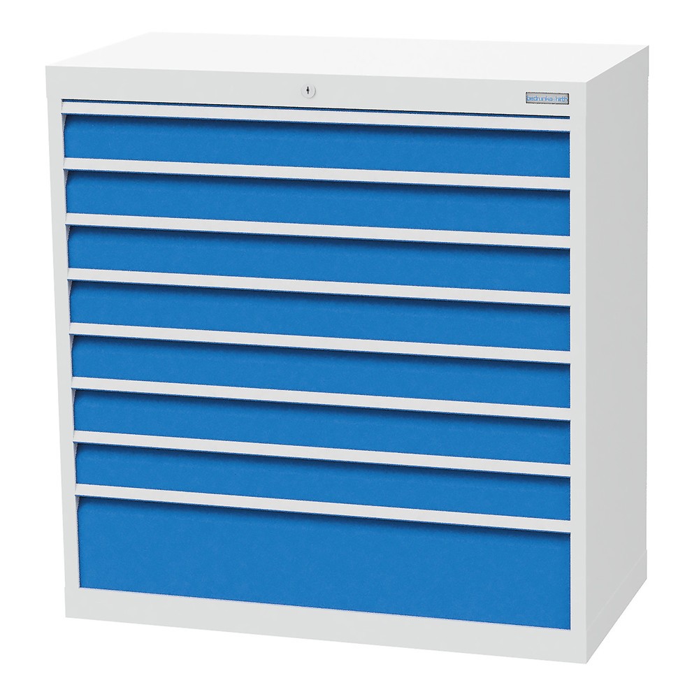 Illustration du produit: Armoire à tiroirs R 36-16 Bedrunka+Hirth, H x l x P 1 019 x 980 x 500 mm, gris clair, bleu clair, 8 tiroirs 7 x 100 + 1 x 200 mm