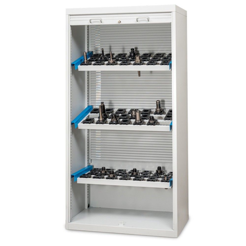 Illustration du produit: Armoire à volet roulant CNC Bedrunka+Hirth, gris clair, avec 3 cadres porte-outils CNC, volet roulant en plastique