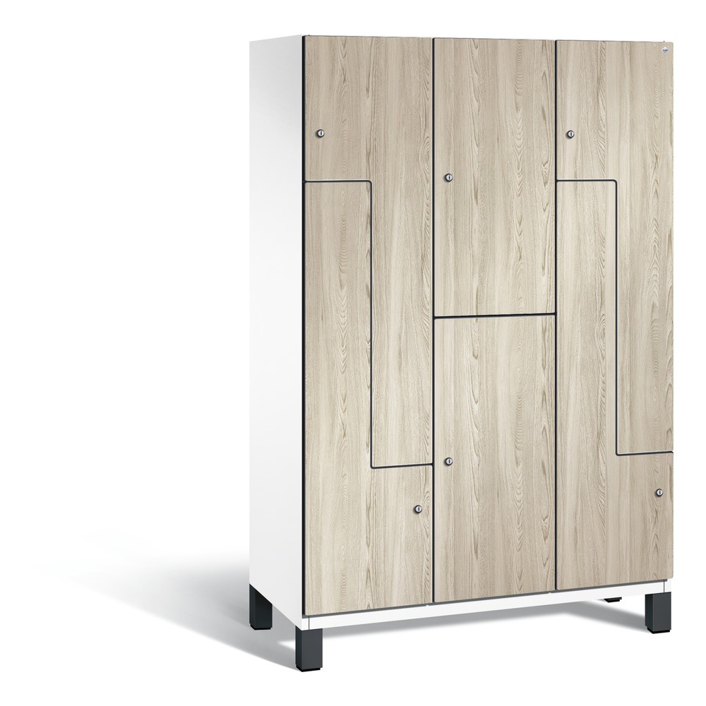 Illustration du produit: Armoire combinée en Z Cambio C+P, 3 compartiments, largeur des compartiments 400 mm, HxlxP 1 980x1 200x525 mm, RAL 9016 blanc signalisation, décor frêne Sen, pieds