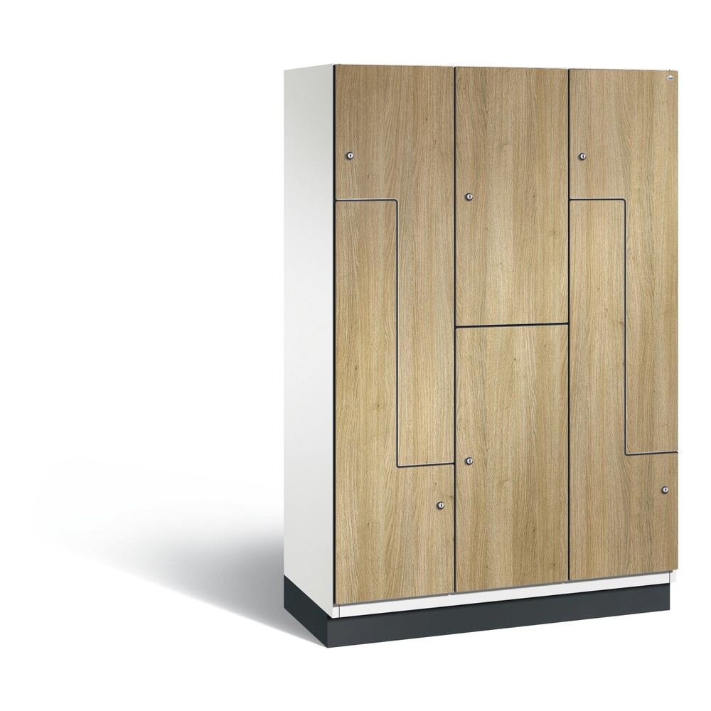 Illustration du produit: Armoire combinée en Z Cambio C+P, 3 compartiments, largeur des compartiments 400 mm, HxlxP 1 980x1 200x525 mm, RAL 9016 blanc signalisation, décor chêne Sereno, socle