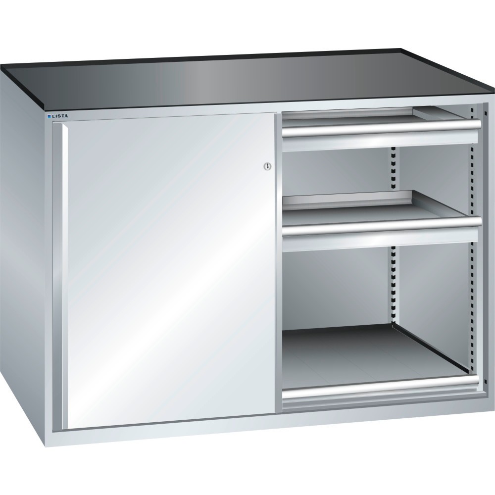 Illustration du produit: Armoire d'appoint LISTA 2x36x27E, (lxPxH) 1 430x600x1 020 mm, 2 étagères coulissantes, 4 tiroirs, capacité de charge 75 kg, gris clair
