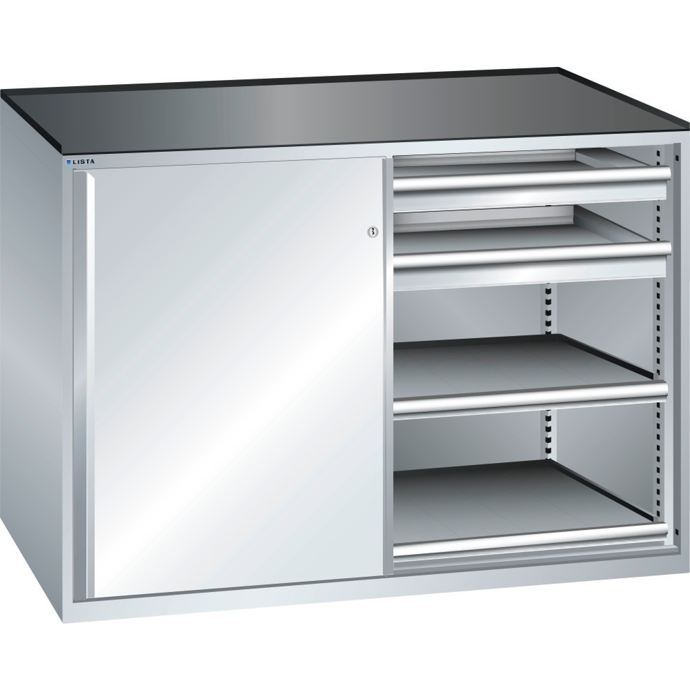 Illustration du produit: Armoire d'appoint LISTA 2x36x27E, (lxPxH) 1 430x600x1 020 mm, 4 étagères coulissantes, 4 tiroirs, capacité de charge 75 kg, gris clair