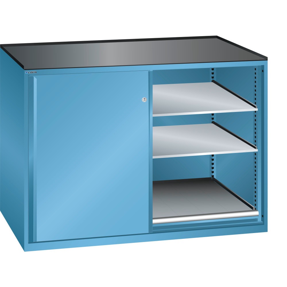 Illustration du produit: Armoire d'appoint LISTA 2x36x36E, (lxPxH) 1 430x753x1 020 mm, 2 étagères coulissantes, 4 étagères réglables, bleu clair