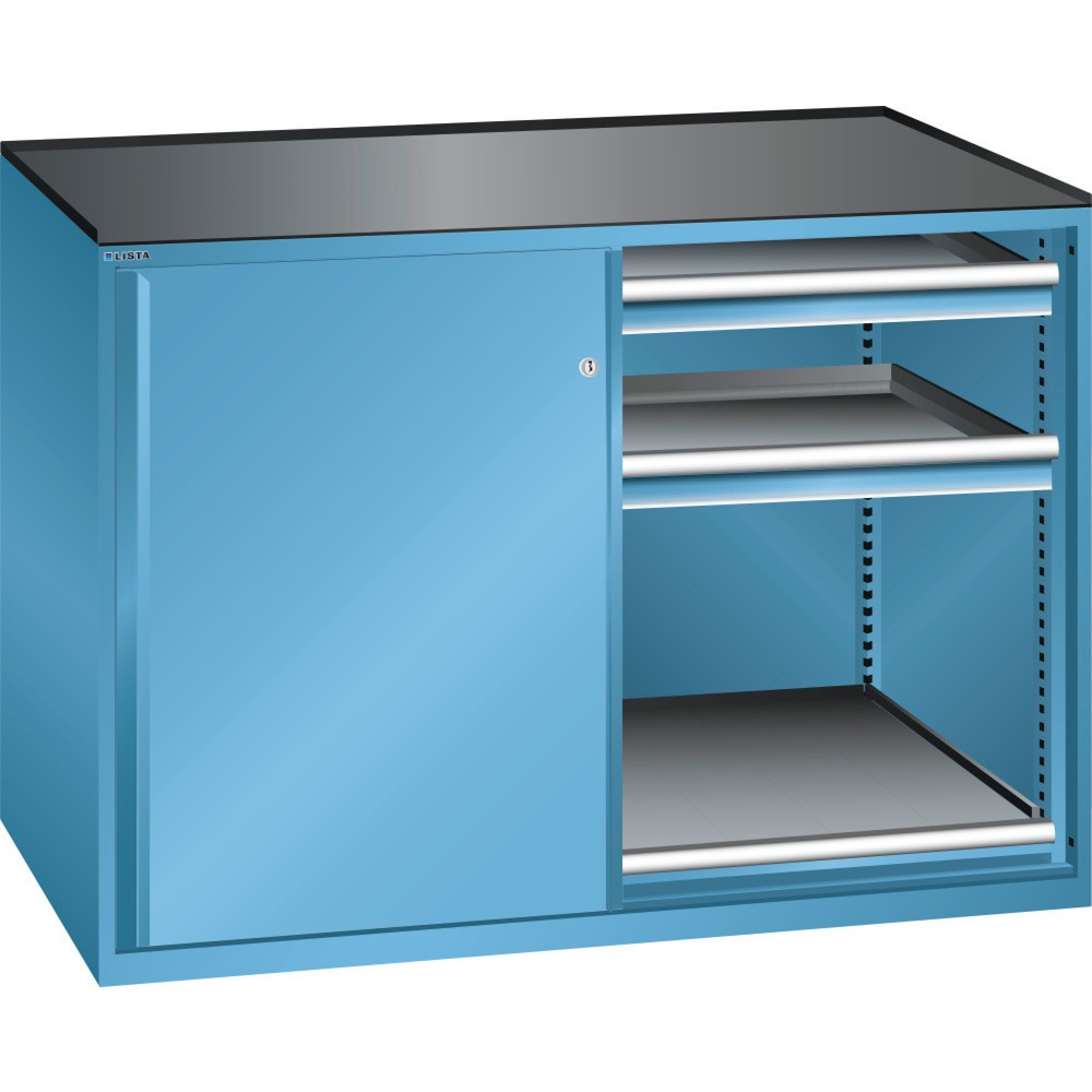 Illustration du produit: Armoire d'appoint LISTA 2x36x36E, (lxPxH) 1 430x753x1 020 mm, 2 étagères coulissantes, 4 étagères réglables, bleu clair