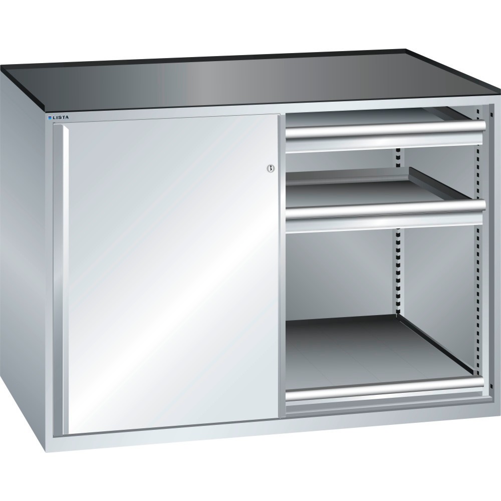 Illustration du produit: Armoire d'appoint LISTA 2x36x36E, (lxPxH) 1 430x753x1 020 mm, 2 étagères coulissantes, 4 étagères réglables, gris clair