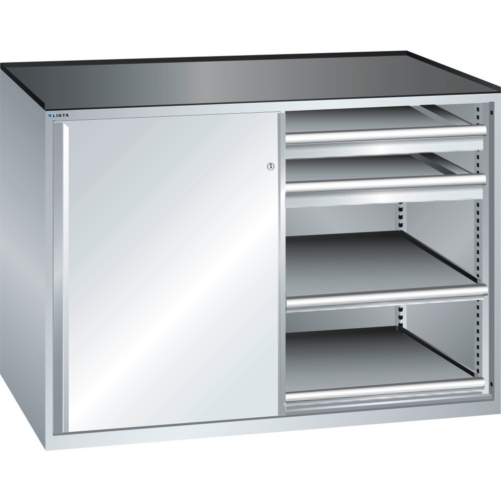 Illustration du produit: Armoire d'appoint LISTA 2x36x36E, (lxPxH) 1 430x753x1 020 mm, 4 étagères coulissantes, 4 tiroirs 75 kg, gris clair