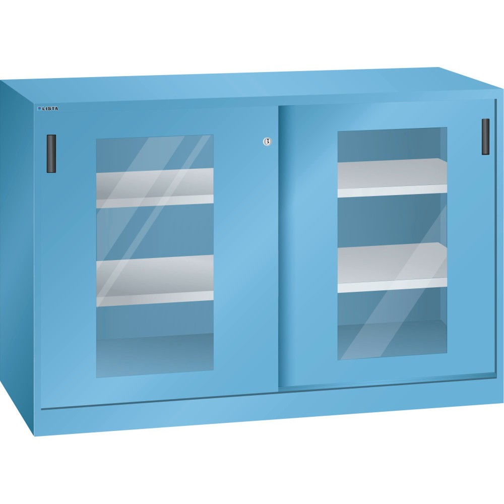 Illustration du produit: Armoire d'appoint LISTA avec portes coulissantes, (lxH) 1 500x1 000 mm, 4 étagères réglables, vitres transparentes, profondeur 500 mm, bleu clair