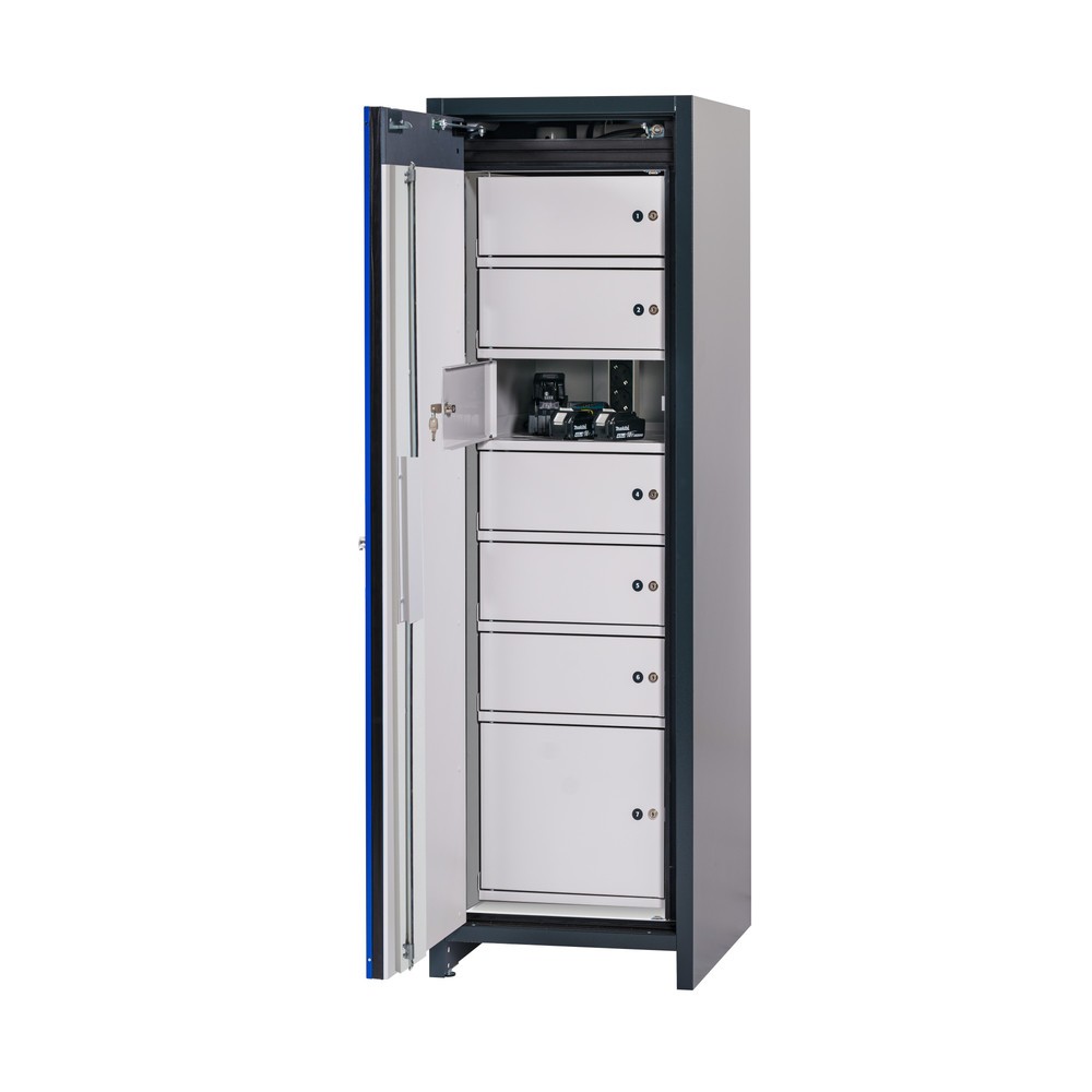 Illustration du produit: Armoire de sécurité asecos® type 90 pour batteries lithium-ions ION-CORE-CHARGE, HxlxP 1 953 x 599 x 615 mm, 1 système de casiers verrouillables, 1 bac de rétention au sol, 2 multiprises (version CH)