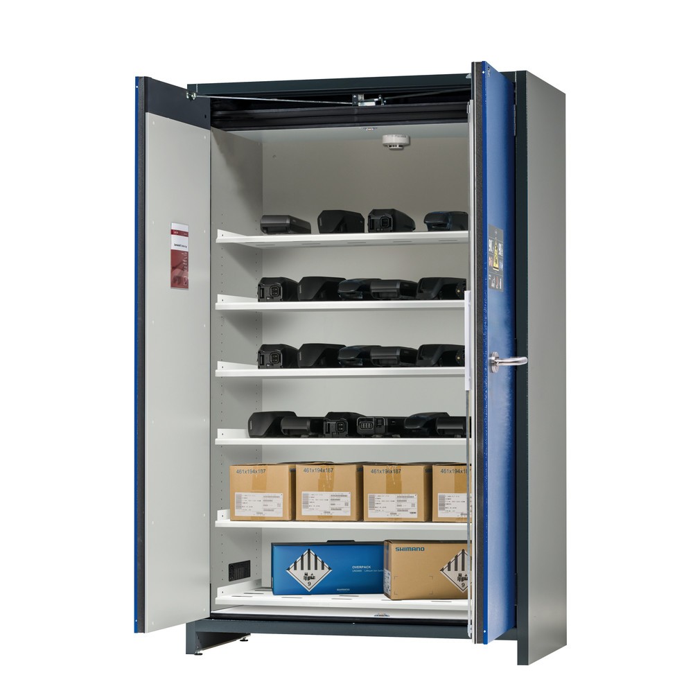 Illustration du produit: Armoire de sécurité asecos® type 90 pour batteries lithium-ions ION-CORE-STORE, HxlxP 1 953 x 1 193 x 615 mm, 6 tablettes perforées, 1 bac de rétention au sol