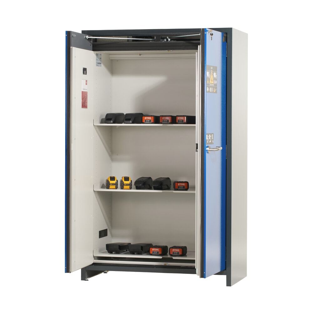 Armoire de sécurité asecos® pour batterie type 90 pour batterie lithium-ions ION-CORE-STORE, haut. x larg. x prof. 1 953 x 1 193 x 615 mm, 3 étagères isolées, 1 bac de rétention au sol N° de l'image du produit 2 : Armoire de sécurité asecos® pour batterie type 90 pour batterie lithium-ions ION-CORE-STORE, haut. x larg. x prof. 1 953 x 1 193 x 615 mm, 3 étagères isolées, 1 bac de rétention au sol