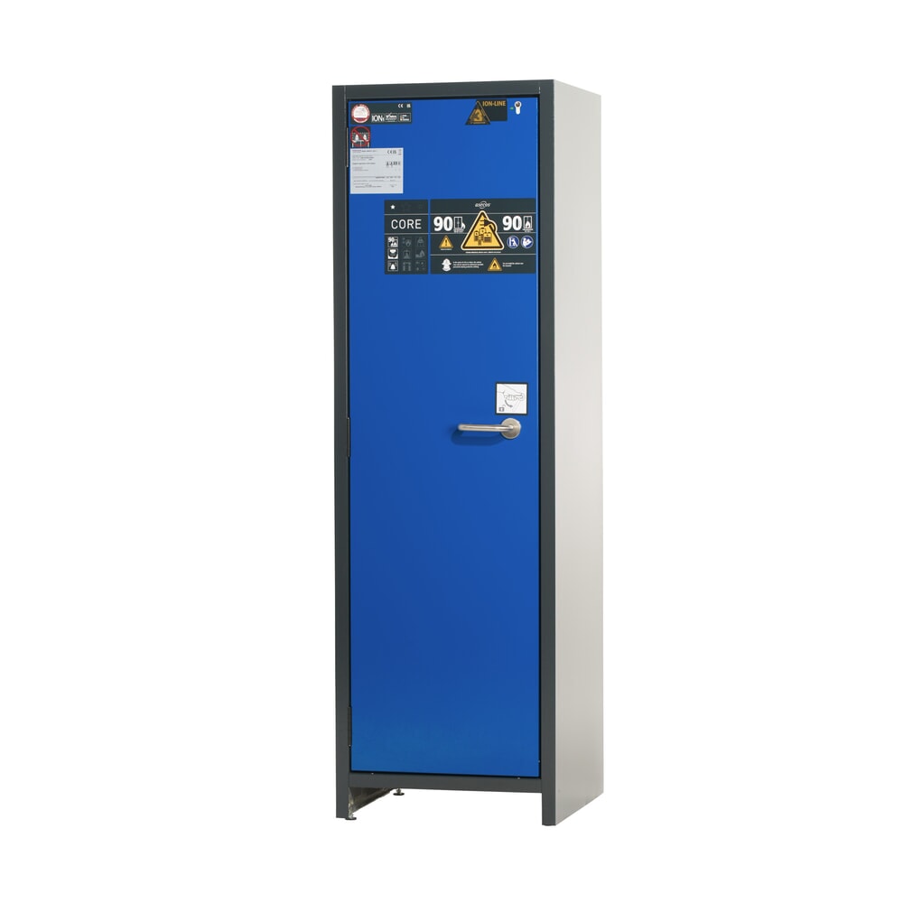 Illustration du produit: Armoire de sécurité asecos® type 90 pour batteries lithium-ions ION-CORE-STORE, HxlxP 1 953 x 599 x 615 mm, 6 tablettes perforées, 1 bac de rétention au sol