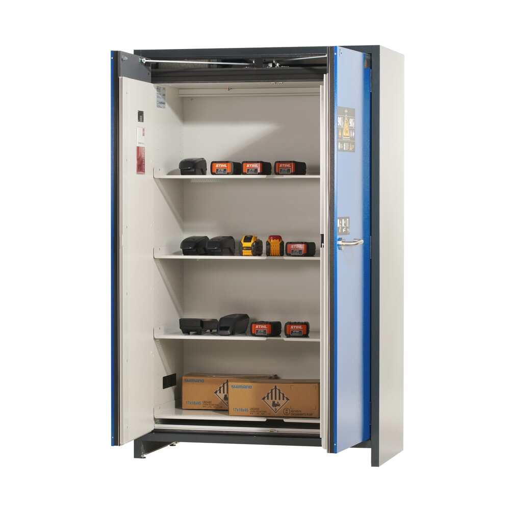 N° de l'image du produit 5 : Armoire de sécurité asecos® type 90 pour batteries lithium-ions ION-CORE-STORE, HxlxP 1 953 x 1 193 x 615 mm, 4 tablettes perforées, 1 bac de rétention au sol
