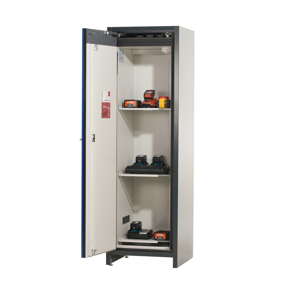 N° de l'image du produit 5 : Armoire de sécurité asecos® type 90 pour batteries lithium-ions ION-CORE-STORE, HxlxP 1 953 x 599 x 615 mm, 3 tablettes perforées, 1 bac de rétention au sol