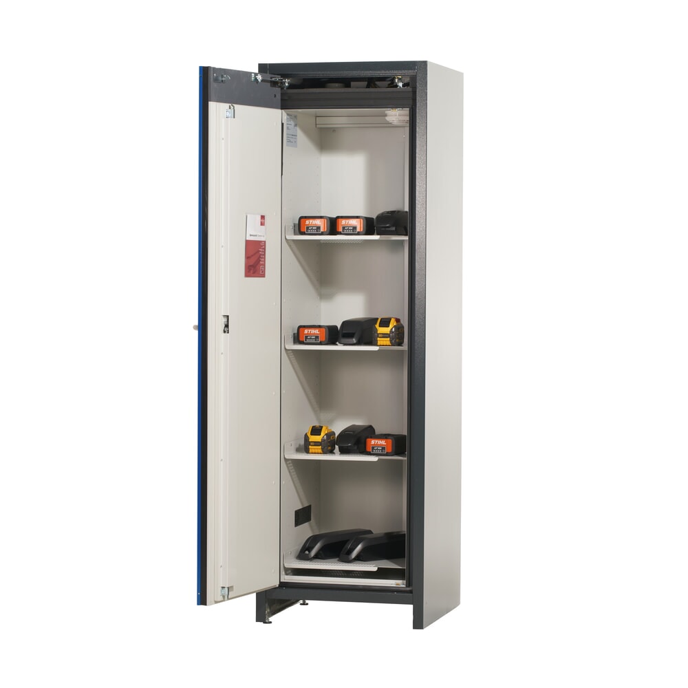 Armoire de sécurité asecos® pour batterie type 90 pour batterie lithium-ions ION-CORE-STORE, haut. x larg. x prof. 1 953 x 599 x 615 mm, 4 étagères isolées, 1 bac de rétention au sol N° de l'image du produit 5 : Armoire de sécurité asecos® pour batterie type 90 pour batterie lithium-ions ION-CORE-STORE, haut. x larg. x prof. 1 953 x 599 x 615 mm, 4 étagères isolées, 1 bac de rétention au sol